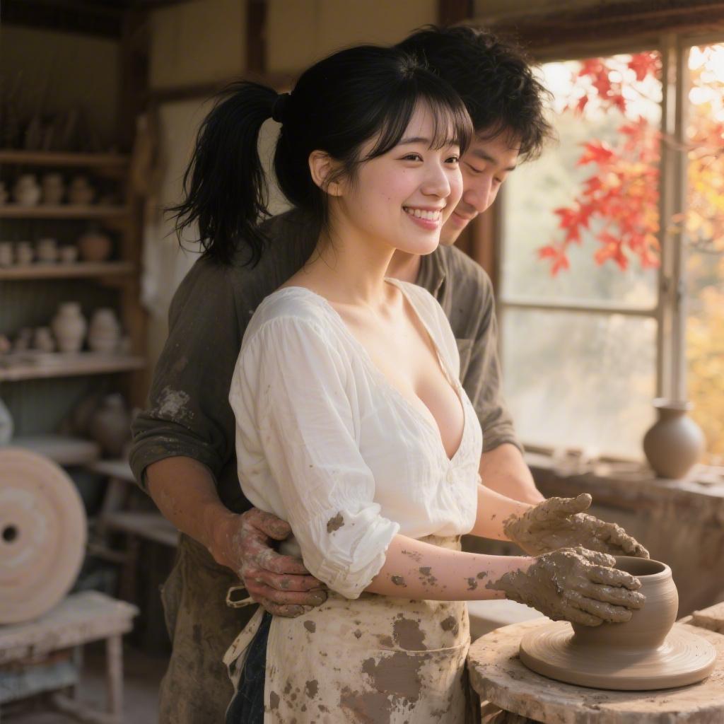 秋の朝の古民家アトリエで巨乳の陶芸家に粘土まみれの手でフェラされて昇天した話