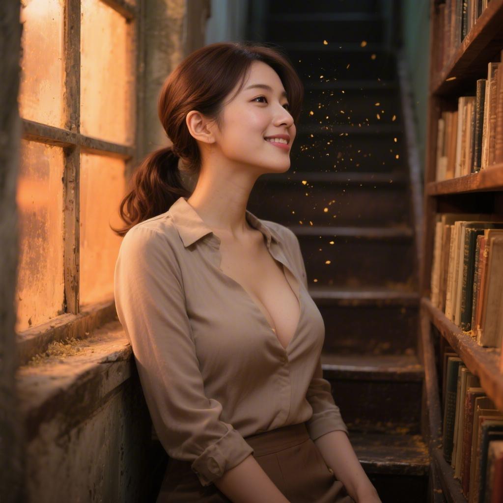 秋の夕方の古本屋の階段裏で巨乳の古書店員に耳元囁きで射精誘導された話