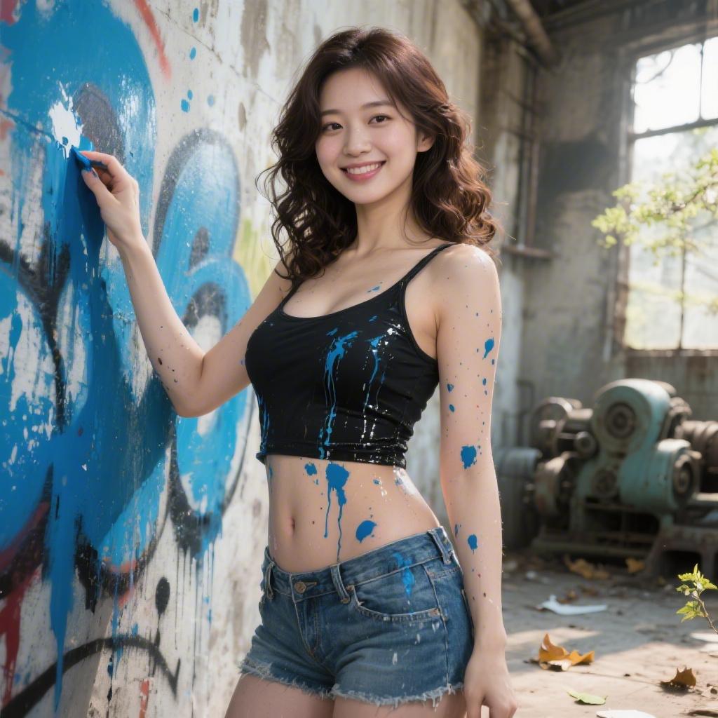 廃工場アトリエで巨乳ストリートアーティストに絵の具まみれ密着された話