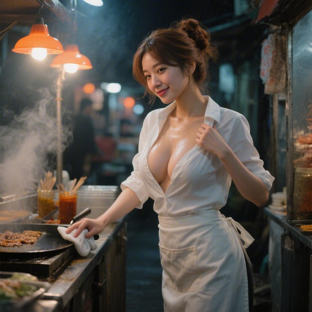 夜の屋台街で巨乳の料理人に非接触でチンポ勃起させて遊ばれた話
