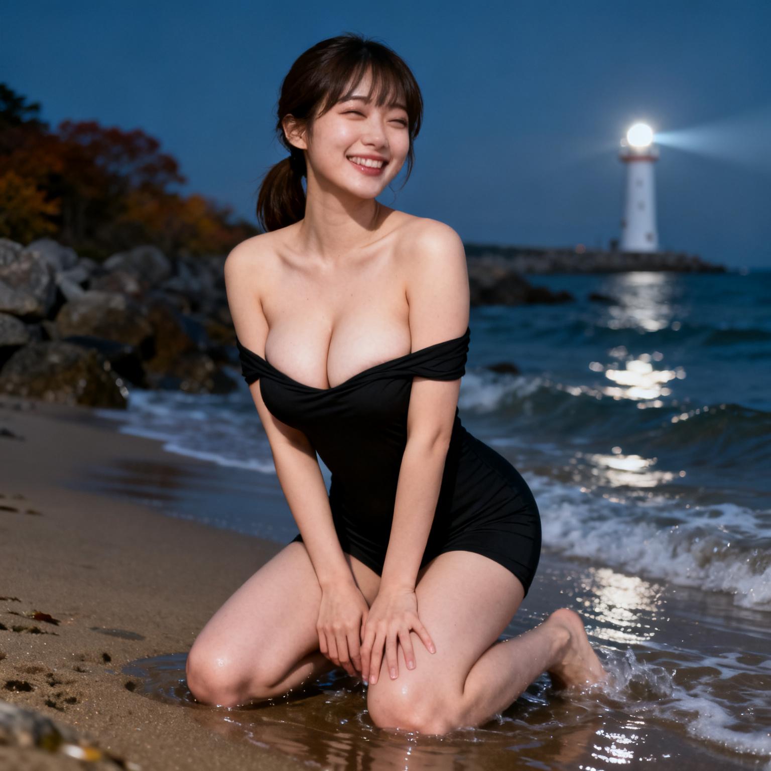 【ビーチ・女教師】夜の岩場で出会った巨乳の女教師に波打ち際で腰を振られた話